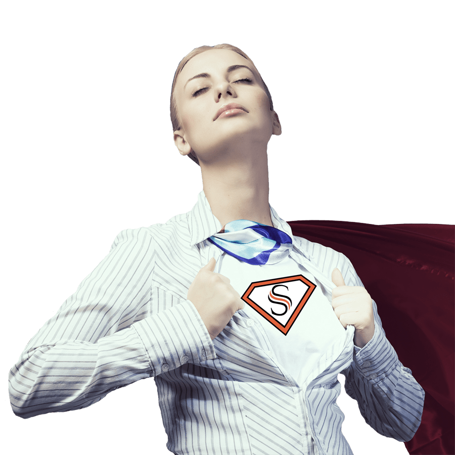 Woman opening her shirt to reveal a superheroine emblem